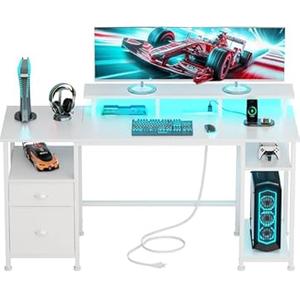 Furologee 51" Gaming Desk with Power Outlets & LED Lights, Reversible Computer Desk with File Cabinet & Monitor Stand for Home Office, Large Work Table with Storage Shelves & Drawer, White