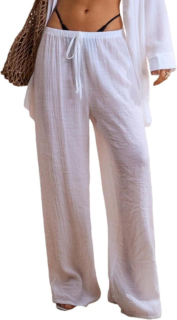 Women's See Through Beach Lounge Pants Lightweight Wide Leg High Waisted Drawstring Linen Breathable Cover Up (White, S)