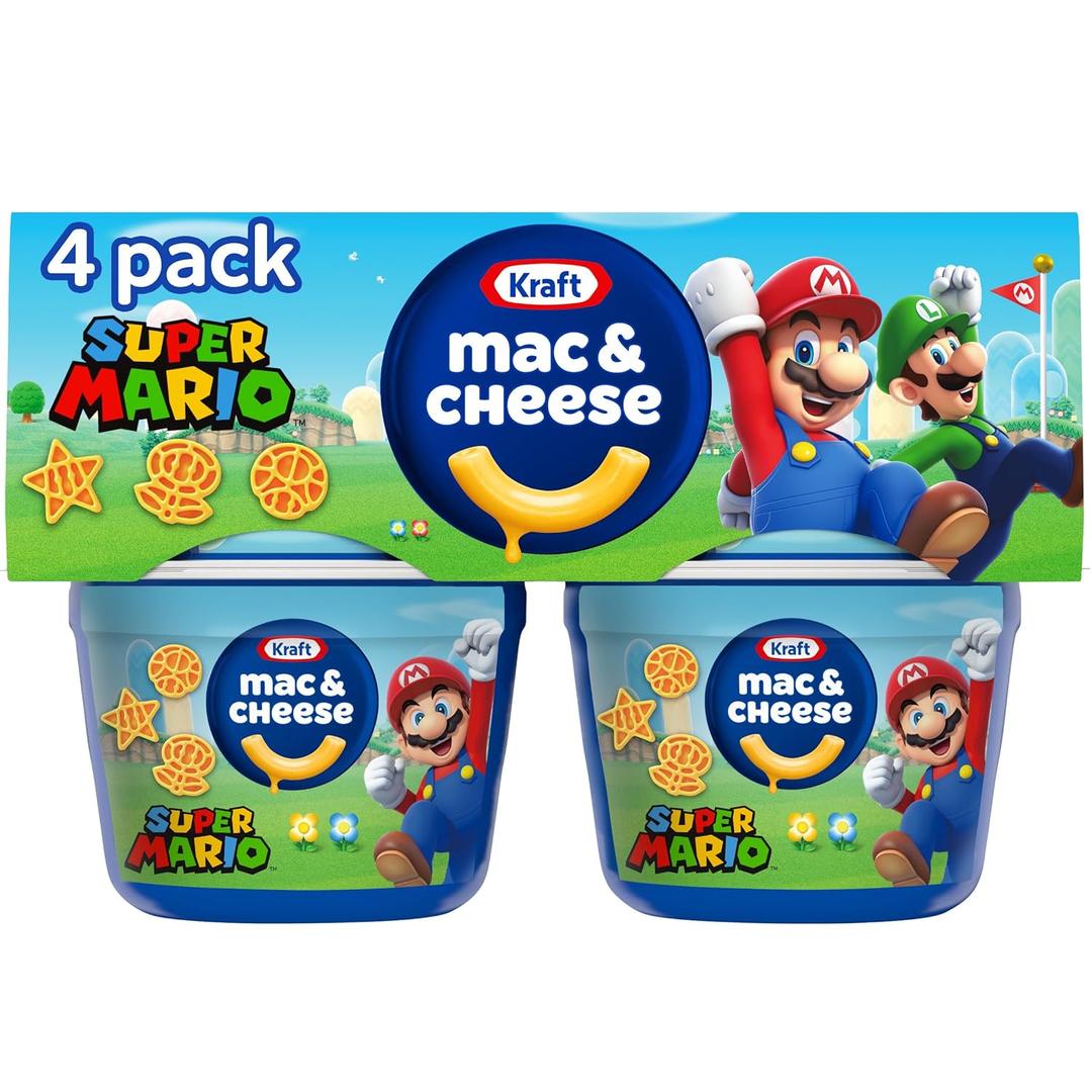 Kraft Mac & Cheese Microwavable Dinner with Super Mario Power-Up Pasta Shapes, 4 1.9 oz Cups (EXP 07/31/25)
