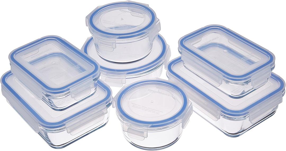 Amazon Basics Leak-Proof Glass Locking Lids Food Storage Containers, 14-Piece Set, 7 Count of Bases and 7 Plastic Lids, Clear, Blue, BPA Free