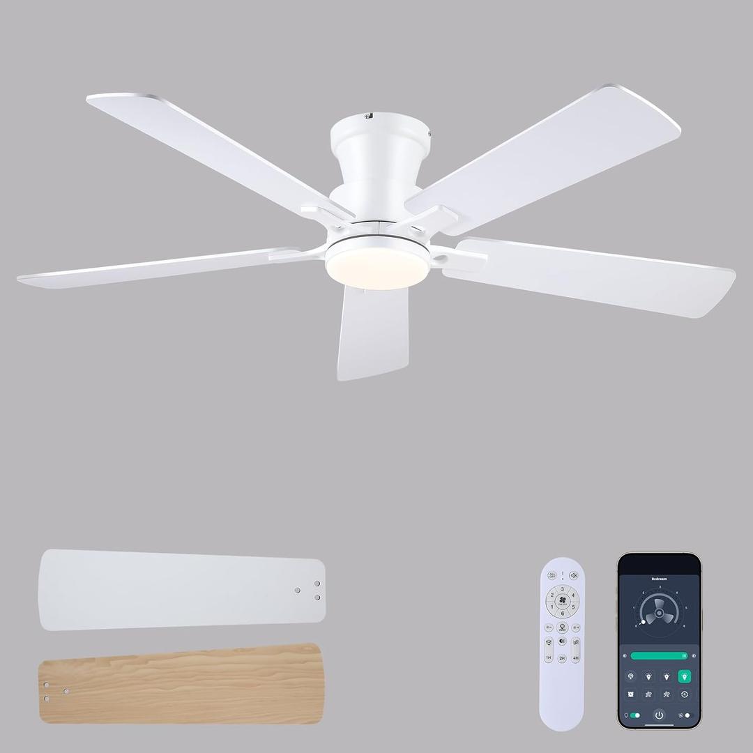 JSAITEE 52Inch Ceiling Fan with Lights and Remotes, Modern Low Profile Flush Mount Ceiling Fans,DC Reversible Motor, 3CCT Dimmable,Noiseless,Dual Finish, White 6 Speeds Ceiling Fan for Indoor/Outdoor