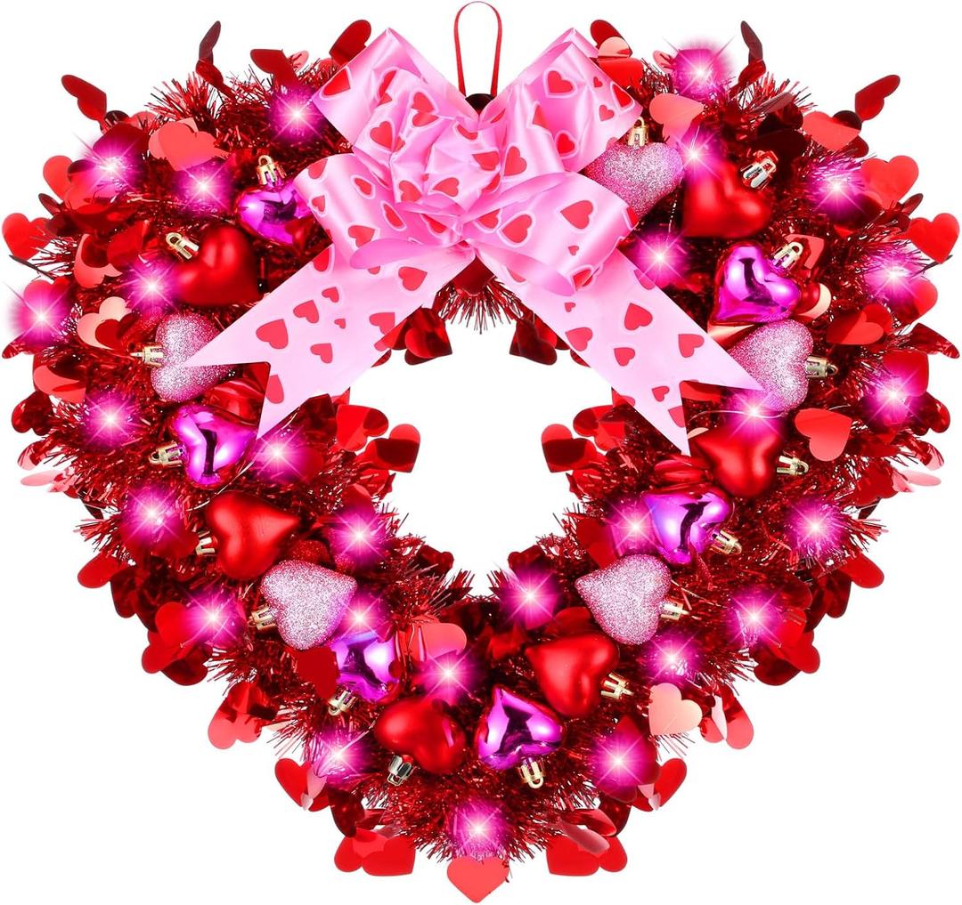 Moucuny Heart Wreath for Front Door Heart Shaped Wreath with Light String and Bowknot Tinsel Garland Decoration for Door Wall Window Party Decor(Pink)