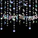 Star Moon Circle Dot Garland Party Decoration Kit, Holographic Party Decorations Hanging Stars Streamer Backdrop Crescent Garlands Happy Birthday Banner Backdrop for Birthday Wedding