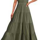 PRETTYGARDEN Women's Summer Flowy Maxi Dress Casual Cap Sleeve V Neck Smocked Beach Sundress size L