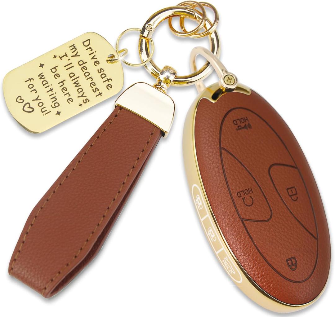 Soft TPU & Leather Key Fob Cover Compatible with Hyundai Ioniq 6 Grandeur GN7 KONA Santa Fe Elantra Tucson Sonata, with Keychain & Metal Blessing Tag (7 Button Brown)