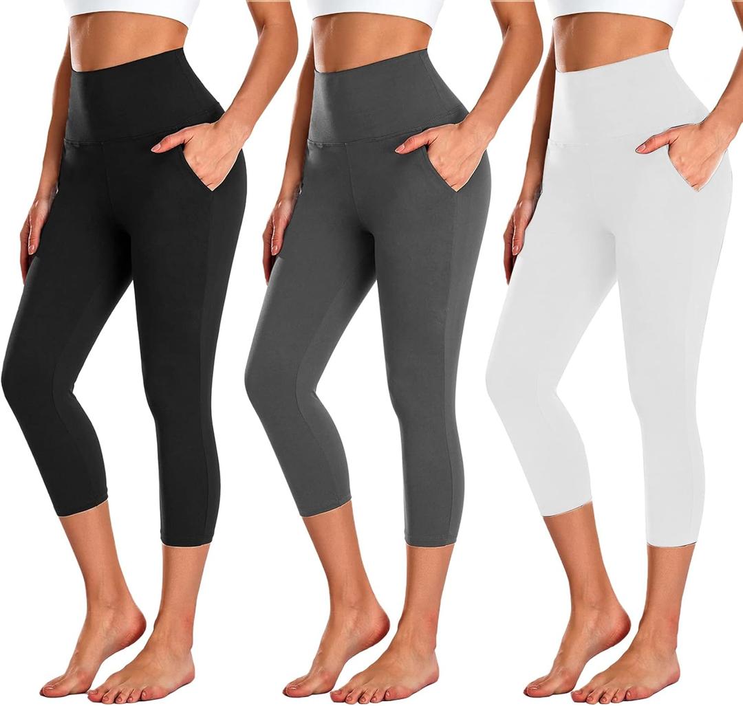 NEW YOUNG 3 Pack Capri Leggings for Women with Pockets-High Waisted Tummy Control Workout Gym Yoga Pants (Small-Medium, 6-black/Dark Gray/White)
