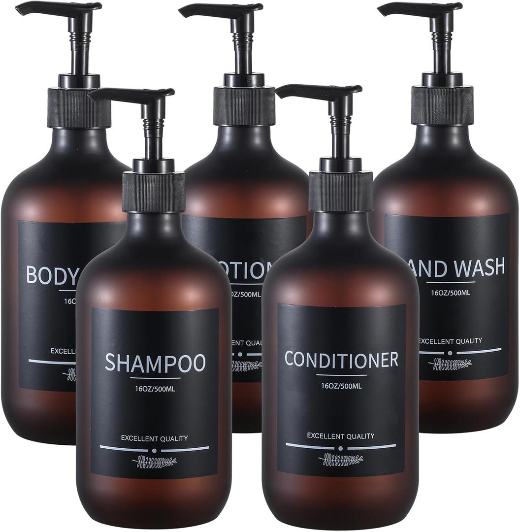 Refillable Matte Amber Plastic Shampoo and Conditioner Bottles (5 Pack, 16.9oz), with Pumps and Labels