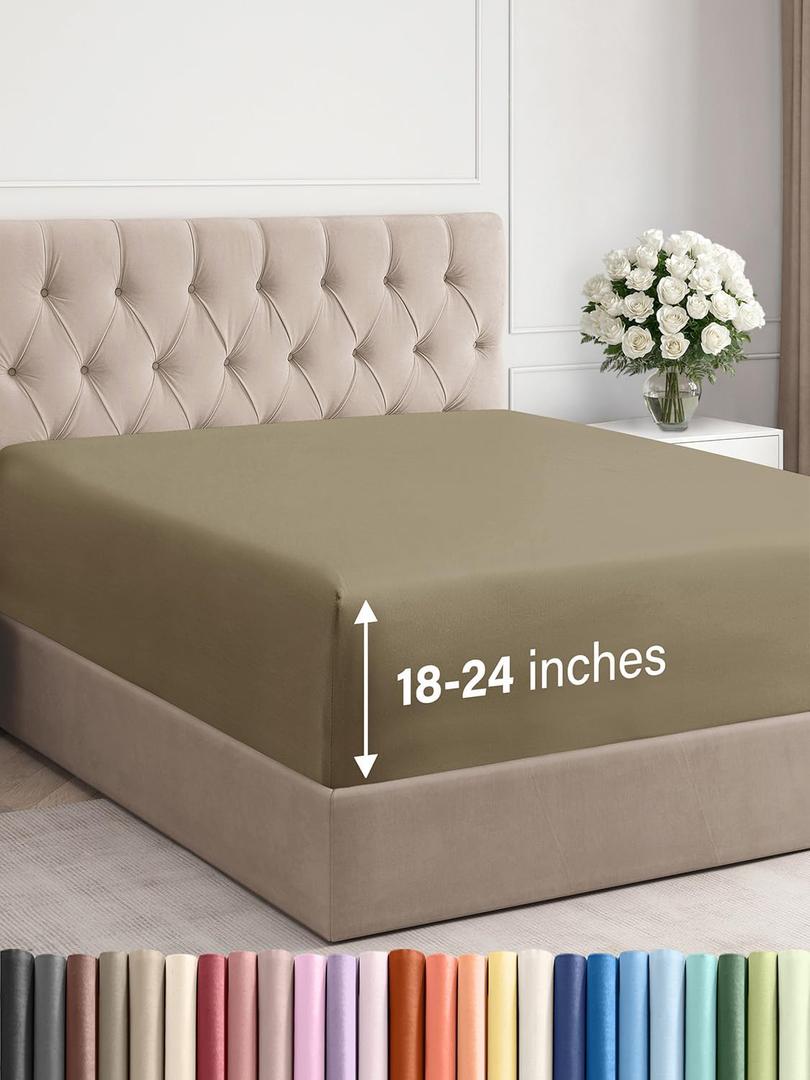 Extra Deep Queen Fitted Sheet - Hotel Luxury Single Fitted Sheet Only - Easily Fits 18 inch to 24 inch Mattress - Ultra Soft, Wrinkle Free w/Extra Deep Pockets - Easy-Care, Breathable & Comfy - Khaki