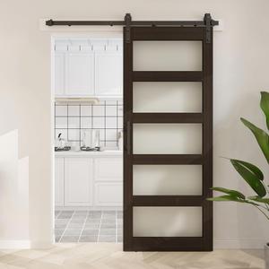 BARNSMITH 30in x 84in Glass Barn Door with 5FT Sliding Door Hardware Kit Included & Handle,5-Panel Frosted Glass Solid Wood Slab with Water-Proof PVC Surface,Pre-Drilled Easy Assembly,Brown