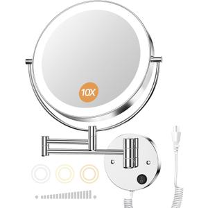 Gospire 9 Wall Mounted Lighted Magnifying Mirror, 1X/10X Magnification Double-Sided LED Bathroom Mirror, 3 Color Lights & Stepless Dimming with Touch Sensor, Extendable Arm 360 Swivel for Shaving
