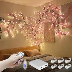 FNHMSL Cherry Enchanted Willow Vine Lights 7.55FT 144LED Pink Cherry Blossom Tree Branch Lights for Wall, Remote Timer,8 Light Model,Bedroom Wall Doors Wedding, Christmas, USB Battery Box