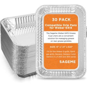 Sageme 30 Pack Weber Grills Compatible Drip Pans 6415 for Weber Grills Spirit Gas Grills, Q Grills, Genesis and Genesis II LX 200 300 Series Disposable Aluminum Foil Grease Trays 6 x 1.4 x 8.6 Inches
