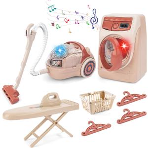 deAO Kids Toy Washing Machine & Vacuum Playset, Mini Washing Machine Laundry Set for Kids,Dollhouse Furniture Laundry Room Washer and Iron Set