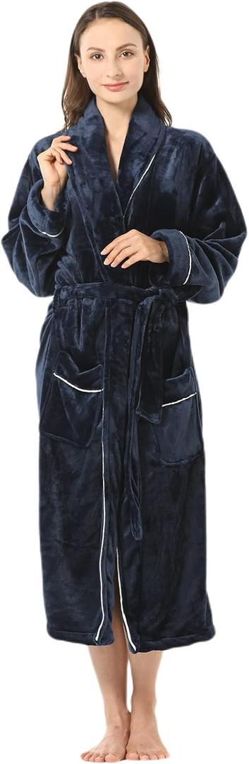 Robes for Women Plush Fleece Bath Robe Shawl Collar Long Robe Nightgown (S)