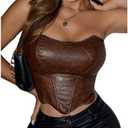 BEAUDRM Women's Y2K Lace Up Tube Crop Top PU Leather Vintage Bandeau Tops Backless Floral Texture Sexy Corset Shapewear, S