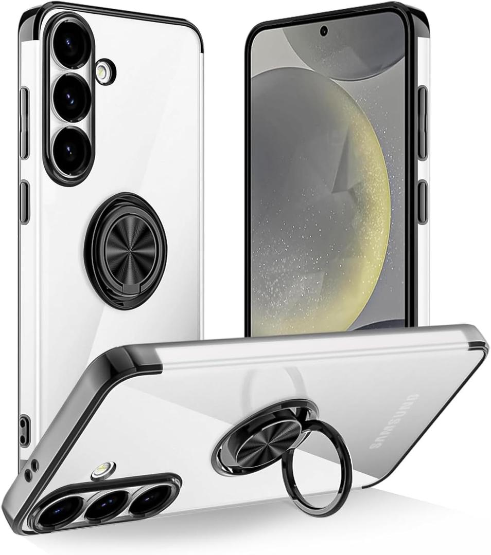 Designed for Samsung Galaxy S24 Clear Case with Stand [Magnetic Ring Holder Kickstand] Soft TPU Bumper Non-Yellowing Anti-Scratch Lightweight Slim for Samsung Galaxy S24 Case Black