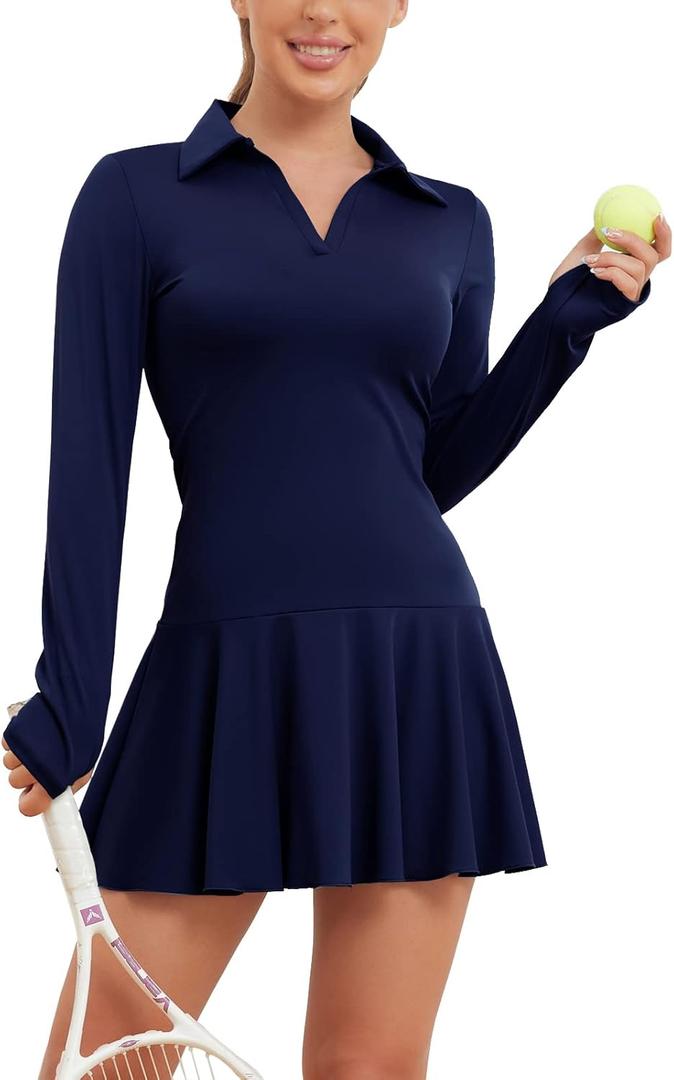 ECUPPER Women Long Sleeve Tennis Dress Polo Collared Workout Dress V Neck Athletic Golf Dresses with Shorts for Active Sports, Small, Navy 