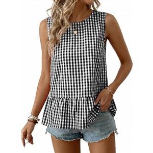 BLENCOT Women Gingham Sleeveless Shirts Ruffle Round Neck Peplum Tank Tops Business Casual Dressy Blouses (Black, S)
