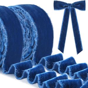 2 Rolls Blue Christmas Silk Velvet Ribbon - 1.5 Inch x 4 Yards Frayed Fringe Ribbon for Holiday Wreath Bow Decorations, Gift Wrapping, Wedding Decor