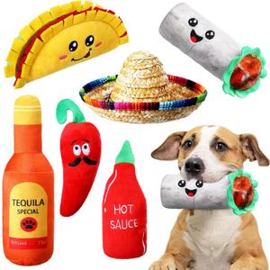 Syhood 6 Pcs Fiesta Dog Chew Toys Dog Sombrero Set, Include 1 Mexican Sombrero Hat for Small Dog, 5 Squeak Plush Toys, Dog Chew Supplies for Halloween Christmas Pet Gift