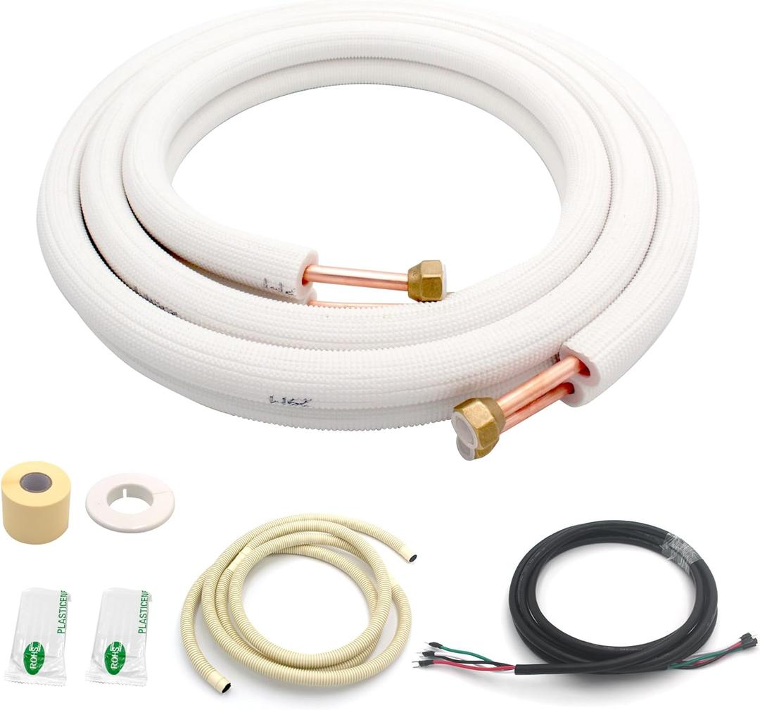 TAUROX 10FT Mini Split Line Set 1/4" & 3/8" O.D Copper Pipes Tubing and 3/8" White Thickened PE Insulation Coil, for Mini Split Air Conditioning or Heating Pump Equipment and HVAC with Flared Nuts. (10FT (1/4+3/8) with wire)