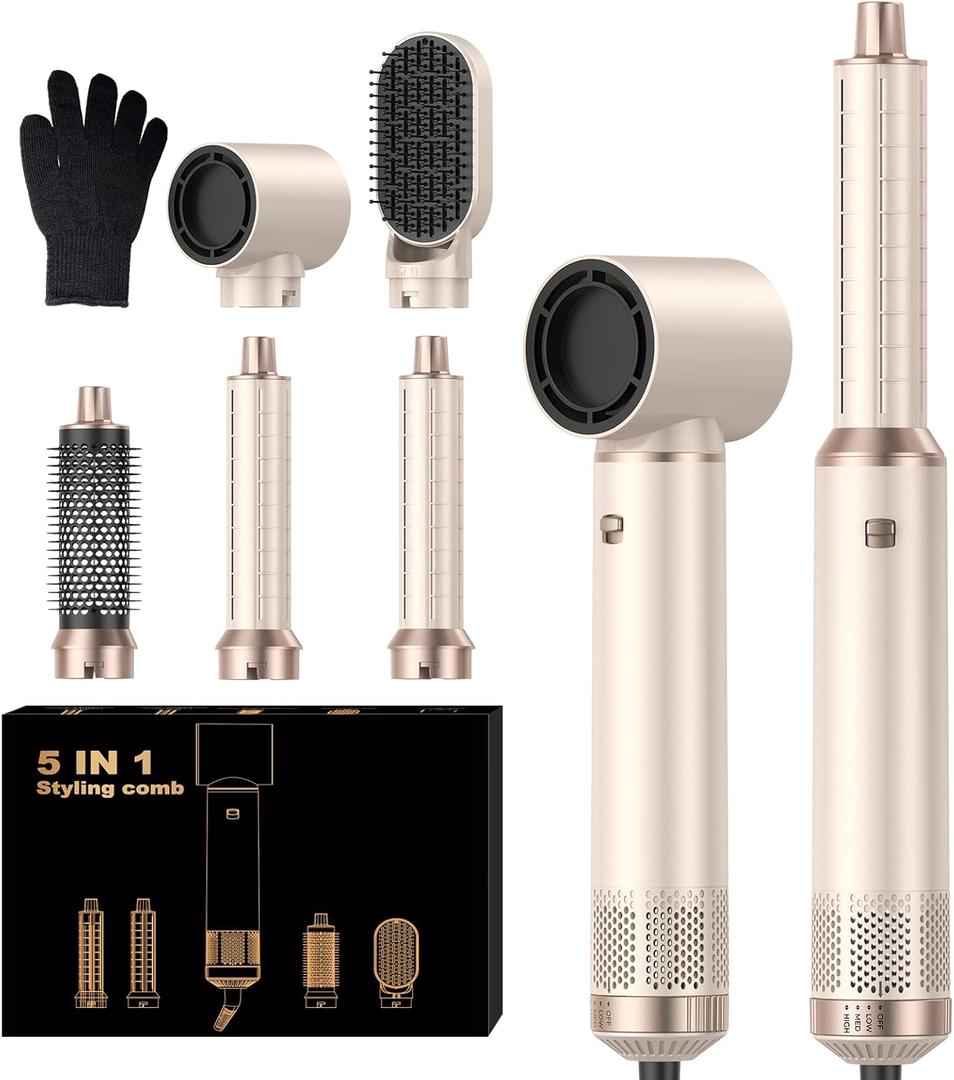 5 in 1 Hair Dryer Brush Set, Negative Ion Blow Dryer Brush Upgrade Hot Air Brush Air Styler Curling Wrap Air Curler, Curling Iron Hair Styling Tools As A Gift for Straight/Curl/Drying/Smoothing (Beige Gold)