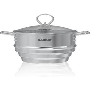 SUNHOUSE 5 Quart Stainless Steel Steamer Insert  Multi-Purpose Soup & Food Steamer with Stay-Cool Handles & Heavy-Duty Glass Lid  Fits Various Pot Sizes (8", 9", 9.5")