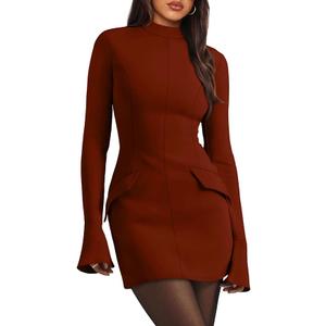 OFEEFAN Women's Fall Long Sleeve Mock Neck Dress Basic Party Club Bodycon Mini Dresses, Size: L