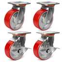 4000 lb Capacity Industrial Caster Wheels with Polyurethane & Cast Iron, Swivel Plate Casters for Platform Trucks, U-Boat Carts, Military Equipment (2 Brake &2 Swivel)