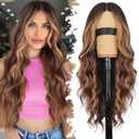 Eawwii Long Chocolate Brown Highlights Wig with Bangs for Women,Layered Hairstyle Synthetic Heat Resistant for Daily Party Use 26 inch