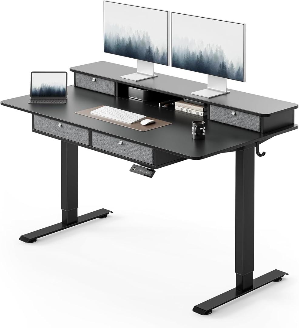 FEZIBO Sturdy Height Adjustable Electric Standing Desk with Drawers, 55 x 30 Inch Stand Up Table with Large Storage Shelf, Sit Stand Desk, Black Top