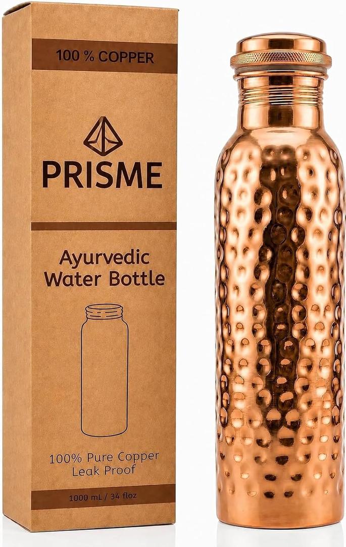 PRISME Premium Pure Copper Water Bottle 34oz (1000ml) | Handmade, Hammered, Ayurvedic, Leak-Proof, Heavy-Duty Design