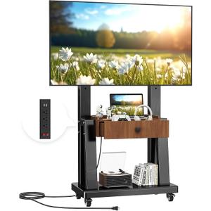 Rolling TV Cart with Power Outlet, Mobile TV Stand with Drawer and Wheels, Height Adjustable Mobile TV Cart for 23-75 inch,Screen Up to 150lbs,TV Stand for Bedroom,Indoor
