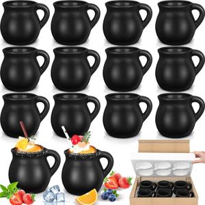 Gejoy Pack of 12 12 oz Cantaritos De Barro Clay Cups Mexican Clay Mugs Fiesta De Barro Mexicanos Coffee Mugs, Cocktail Glasses and Tea Cups for Tequila, Margaritas, Mojitos Cold Hot Drinks (Black)