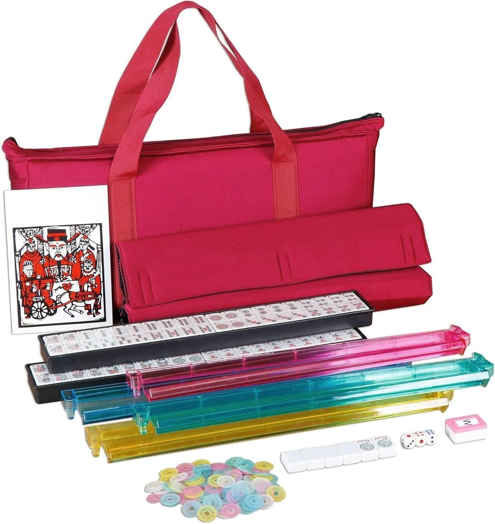 F2C American Mah Jongg Mahjong Set 166 Tiles, 4 Colors All-in-One Rack/Pushers, Red Soft Bag and Accessories –Classic Full Size Complete Mahjongg Mah Jong Set (Red)