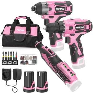 Pink Household Power Tool Combo for Women(3-Tool), 12V Lightweight Cordless Drill with Battery x2, Impact Driver and Rotary Tool Kit-Home Tool Kit for DIY, Home Improvement