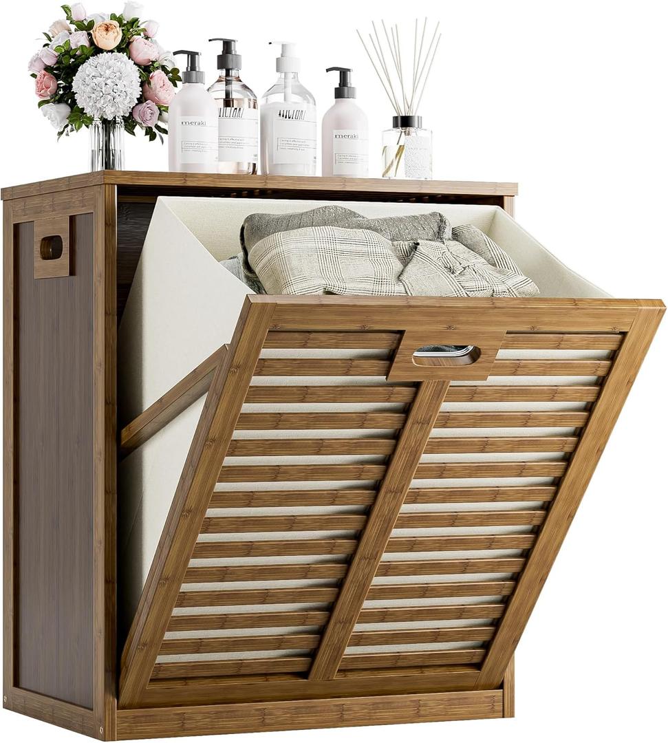 HITNET Bamboo Tilt Out Laundry Hamper, Bathroom Storage Cabinet with Hidden Removable Basket and 3 Sides Cutout Handles, Freestanding Hamper Organizer for Dirty Clothes, Walnut, 21.26" L 13.78" W 25.2" H