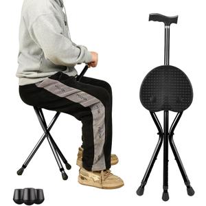 Cane with Seat, Folding Walking Cane Chair with LED Light, Height Adjustable Lightweight Aluminum Walking Stick with Seat, Portable Seat for Seniors & Adults