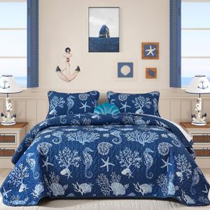 Djoymock Coastal King Size Quilt Set 3 Pcs, Summer Blue Beach Theme Quilts with Pillowcases Reversible Microfiber Ocean Bedding Set Nautical Bedspreads Coverlet Lightweight Comforter for All Season