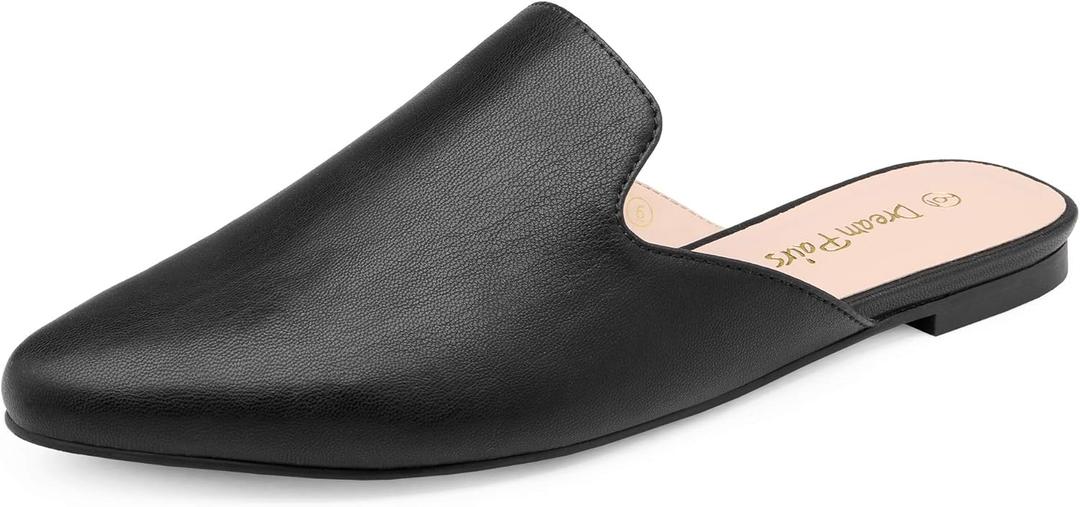 DREAM PAIRS Women's Flat Mules Pointed Toe Backless Loafer Shoes (7.5, Black/Pu)