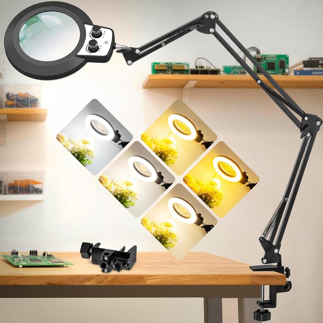 12X Magnifying Glass with Light, Ultra Long 3 Section Arm LED Desk Lamp with Large Clamp, 3 Color and Brightness Hands Free Magnifier Light for Workbench Craft(12X 35in Circular Knob Clamp) (Black)