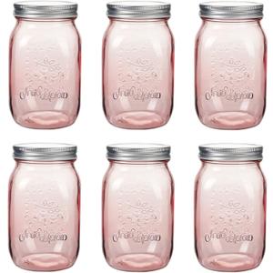 Amzcku 32 oz Rose-Pink Mason Jars with Lids, 6 Pack Wide Mouth Quart Canning Jar, Safe For Storage, Canning, Pickling, Preserving, Fermenting, DIY Crafts & Decor