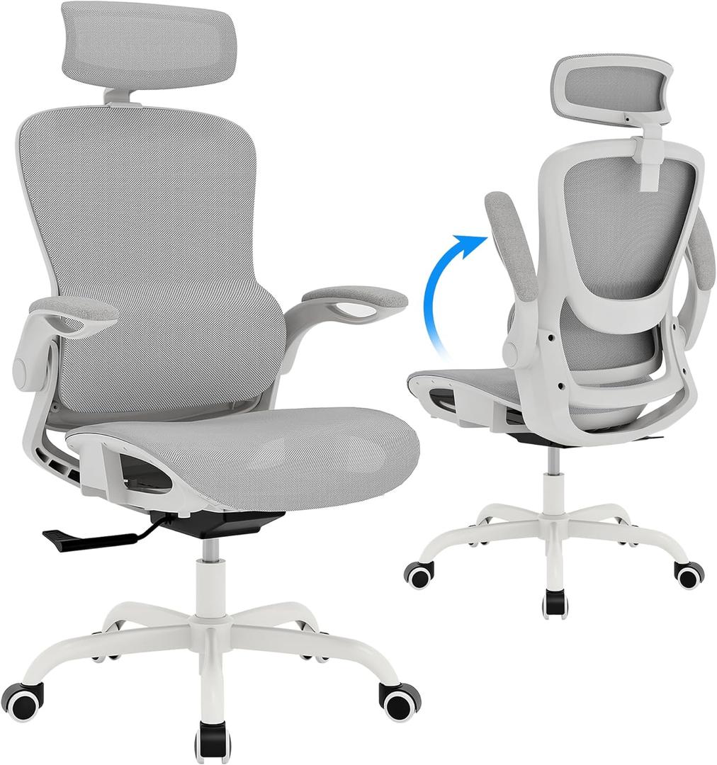 GABRYLLY Ergonomic Mesh Office Chair- White Desk Chair, Flip-Up Armrest, Adjustable Headrest, Tilting with Soft Seat and PU Wheel, Elite Home Desk Chair for Work, Study, Gaming (GY1108)