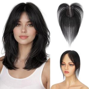 TESS Human Hair Toppers for Women, Hair Toppers for Women Real Human Hair,Clip in Bangs,Invisible 3D 360Full Cover Middle Part Side Bangs 2.8"*4.3"Lace Base 11 inches 14g #1B Natural Black