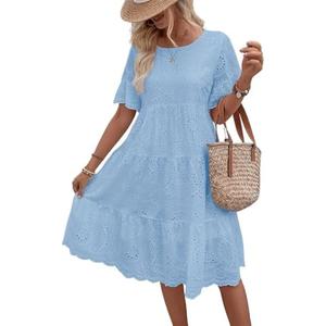 chouyatou Women's Lace Eyelet Short Sleeve Tiered Midi Long Dress Ruffle Hem Babydoll Short Dress XS