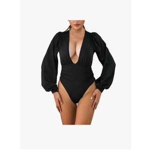 Women Jumpsuits Long Sleeve V Neck Pleated Loose Bodysuits Tops For Women Leotard Shirts, M