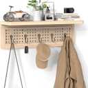 Homode Coat Rack Wall Mount with Shelf, Boho Rattan Entryway Wall Shelf with Hooks, Natural Wood Floating Shelves with 5 Pegs, Hanging Coat Hooks Hat Hanger for Nursery Bedroom Living Room Kitchen