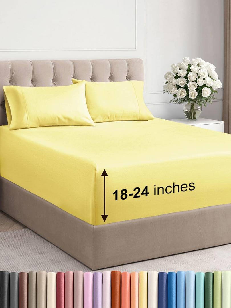 Extra Deep Pocket Queen Sheet Set - 4 Piece Breathable & Cooling Bed Sheets - Hotel Luxury Sheet Set - Ultra Soft, Wrinkle Free & Comfy - Easily Fits Extra Deep Mattresses - Deep Pocket Yellow Sheets