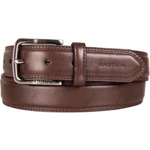 Nautica Men's Dress Leather Belt for Suits and Pants | Classic | Business | Fashion | Adjustable | Metal Buckle (42", Logo Inlay Double Stitch - Brown)