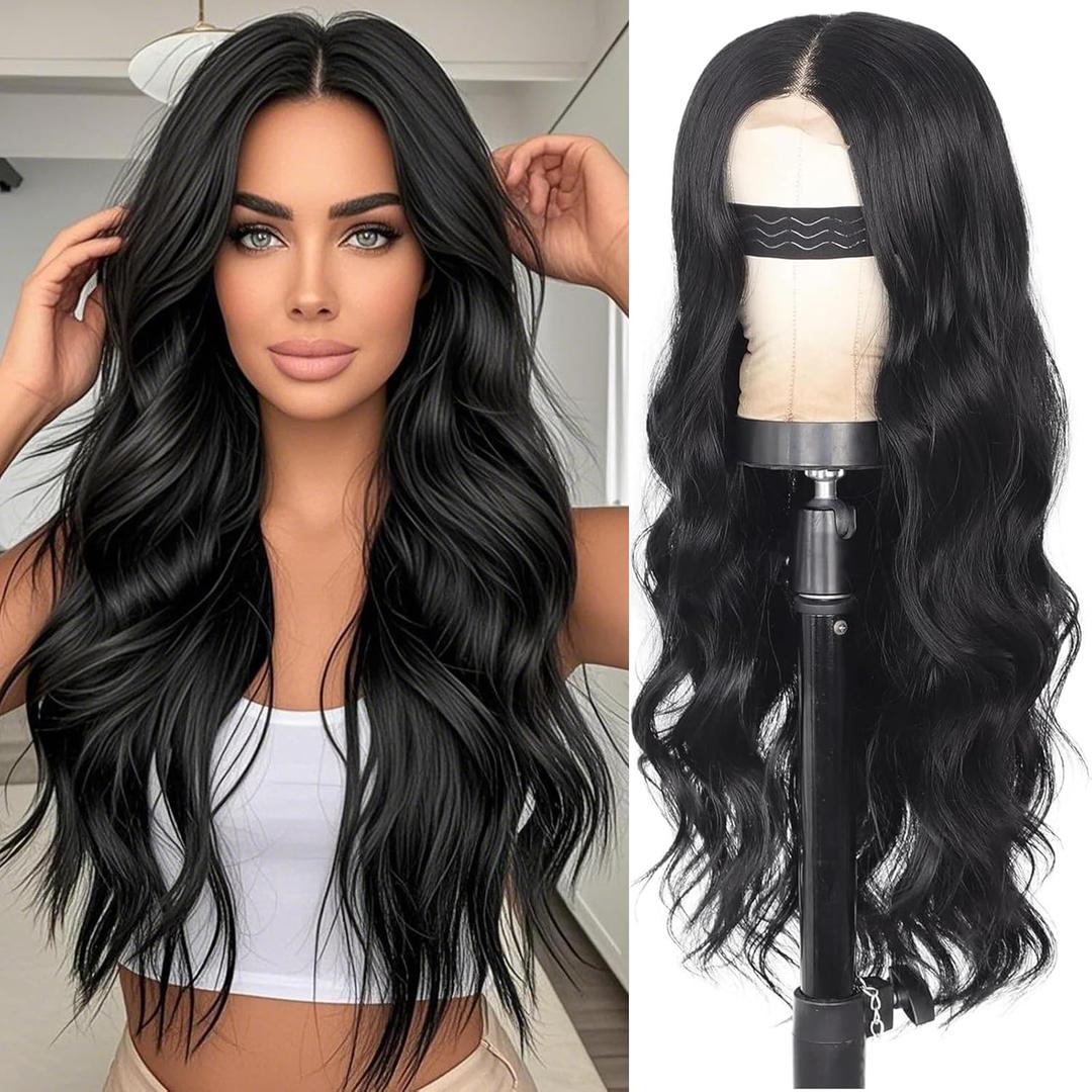 Long Black Wigs for Women, Black Curly Wavy Wig, 26 Inch Natural Looking Women's Charming Synthetic Middle Part Heat Resistant Fiber Wig for Daily Party Use